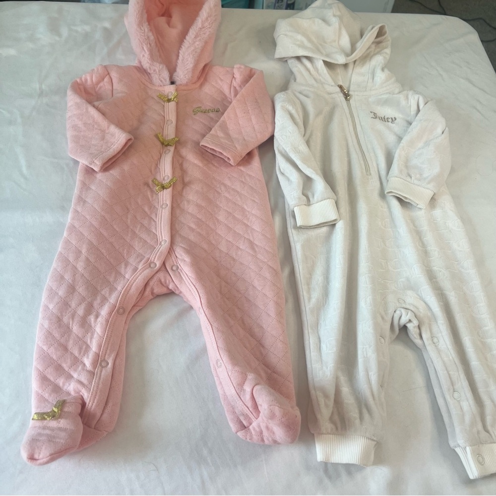 Guess & Juicy Couture Baby Girl 3-6M Hooded Romper Bundle Quilted Pink White
